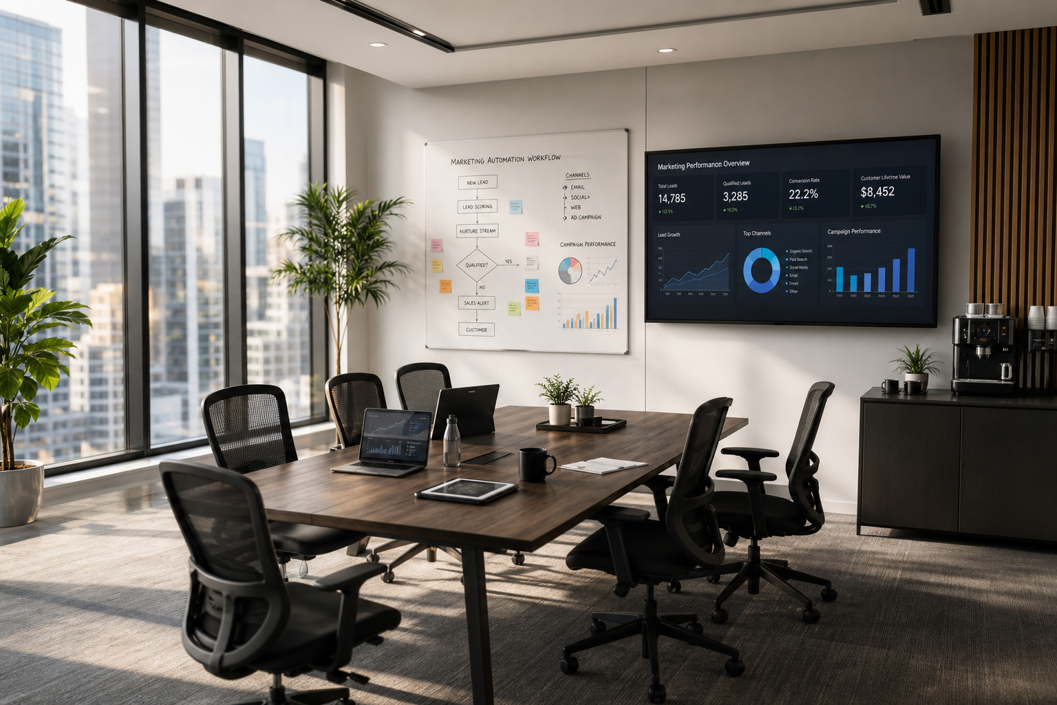 A well lit office with 6 empty chairs all around a boardroom with pie charts on the walls.