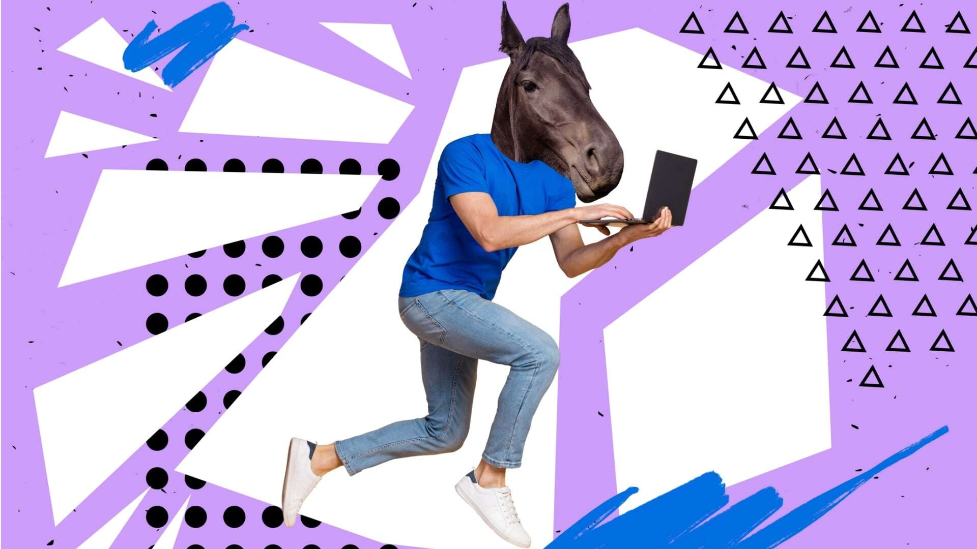 picture collage of person with horse face using netbook