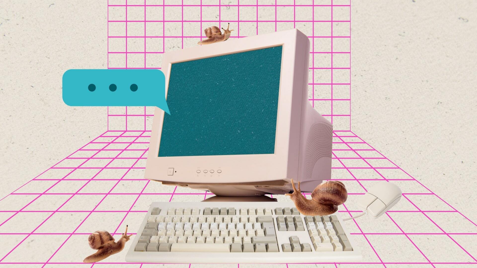 Slow retro computer with snails, illustrating HubSpot vs. WordPress performance challenges in 2025