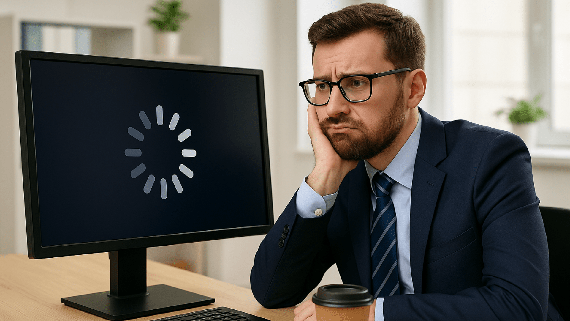 Frustrated professional staring at a frozen loading screen, symbolizing how delayed approvals stall execution and hurt content marketing ROI.